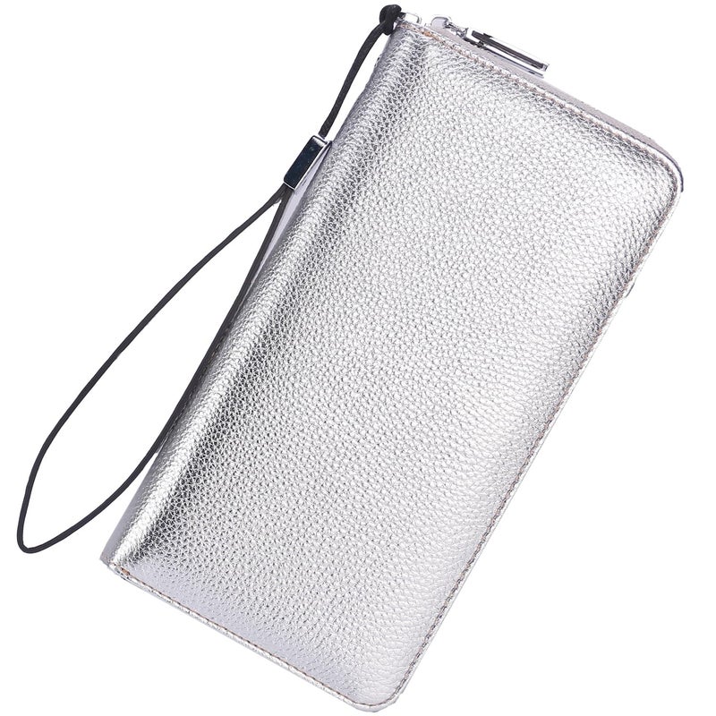 Lavemi Women's RFID Blocking 100% Leather Large Capacity Zip Around Wallet Phone Holder Clutch Travel Purse Wristlet(Large Size Pebbled Silver) - Image 1